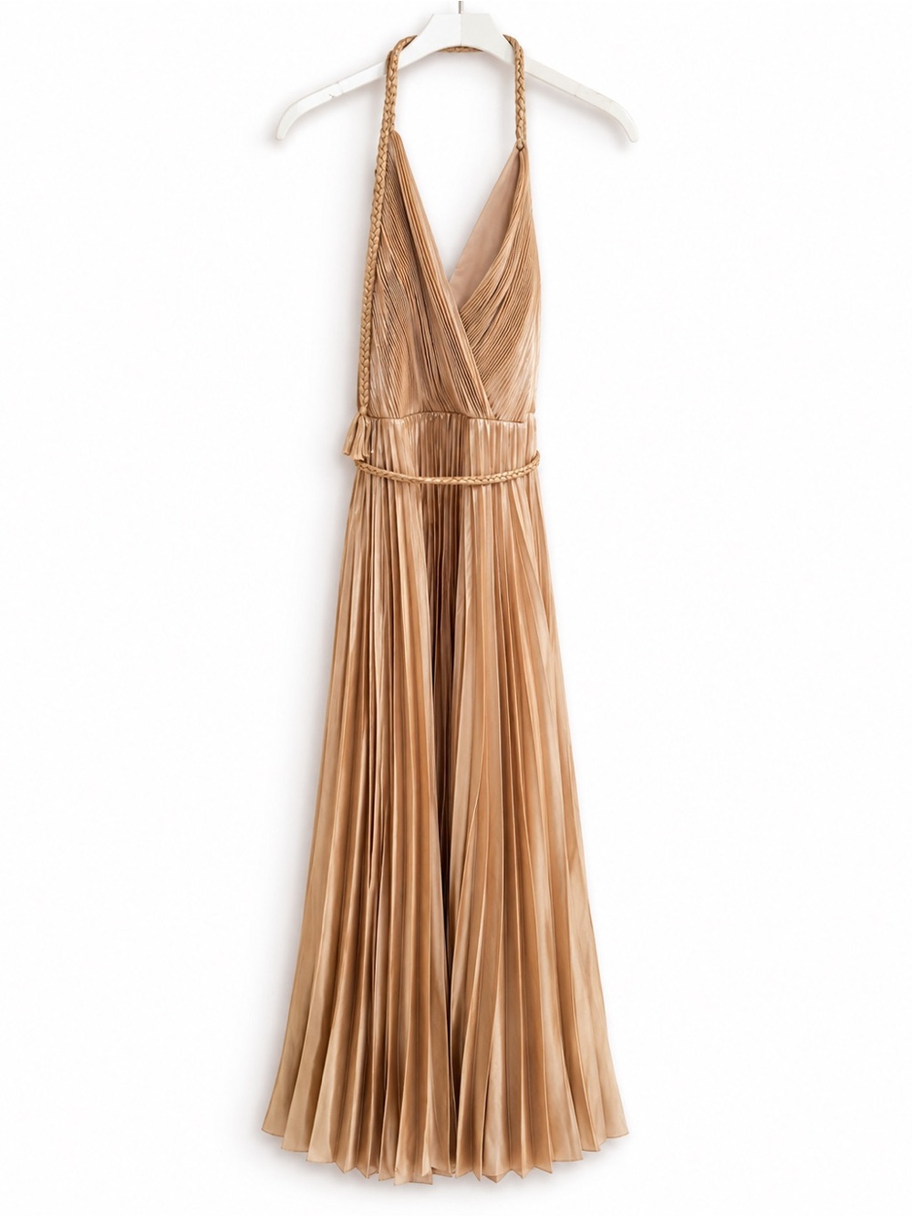 Alice + Olivia Gold Goddess Pleated Halter Maxi Dress